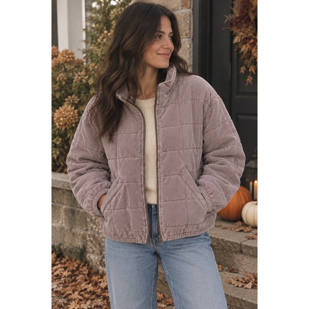 Listicle Mauve Mineral Wash Quilted Jacket Women Small Cotton Puffer Boxy Zip Up